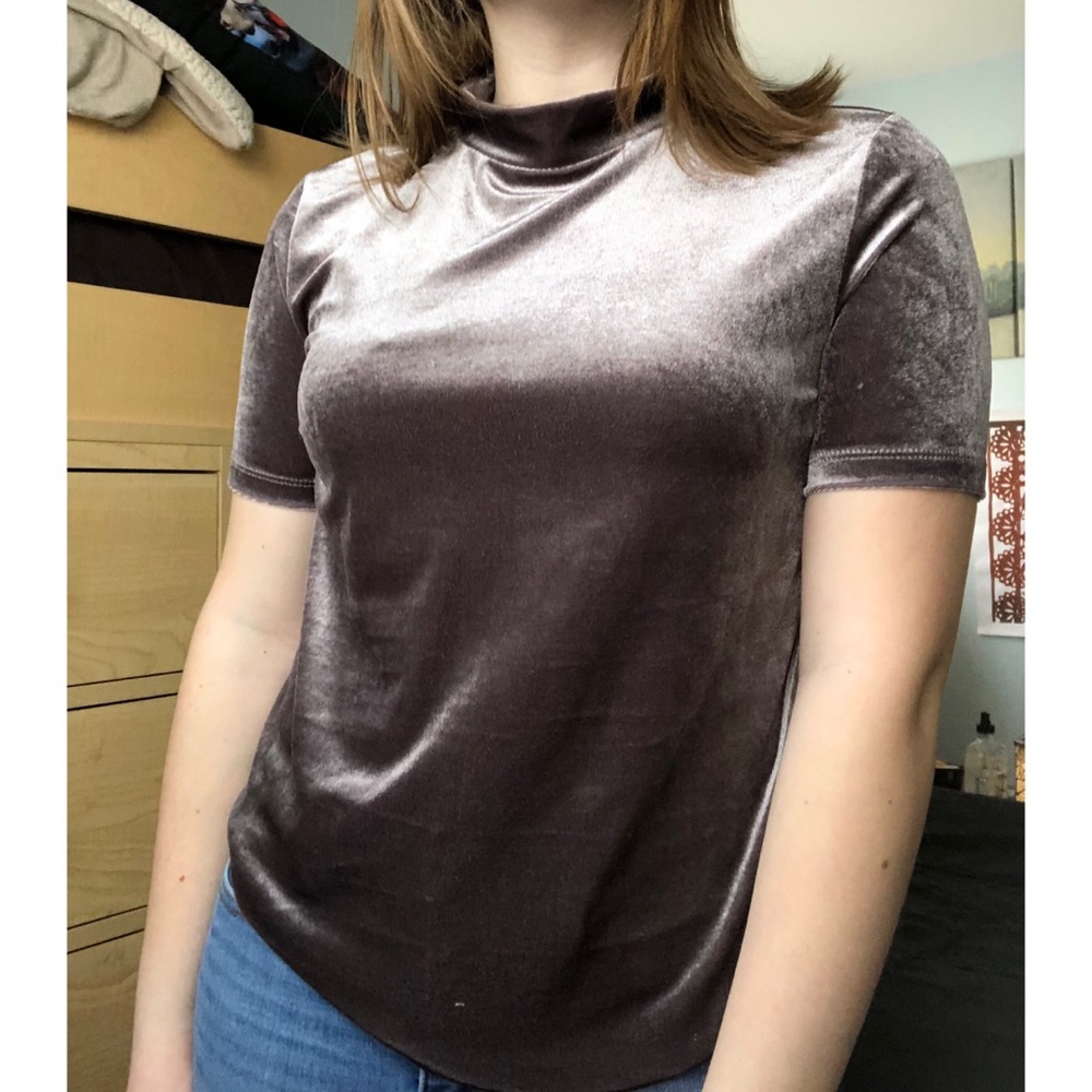 Reflective velvety low turtleneck blouse